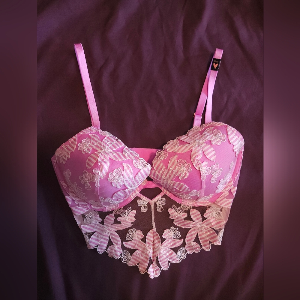 Victoria's Secret Berry Gelato Stripe Lightly Lined Floral Embroidered Bra Top